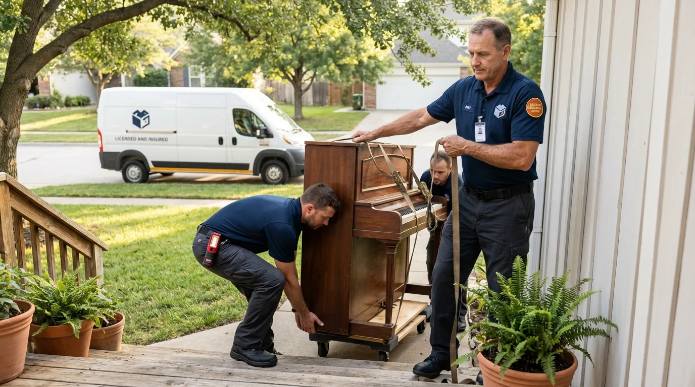 Licensed piano movers securing grand piano in Marquette, MI