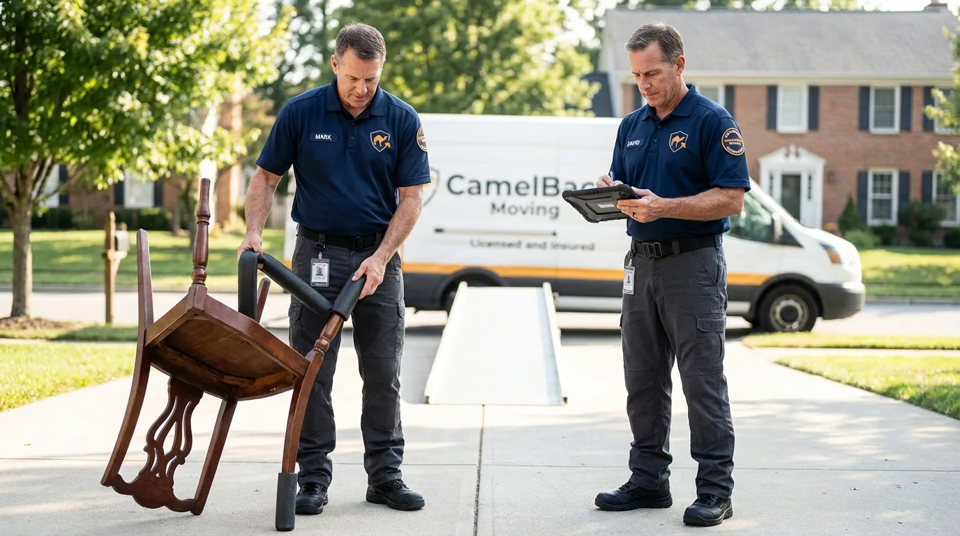 Movers inspecting furniture for damage prevention before loading in Marquette, MI
