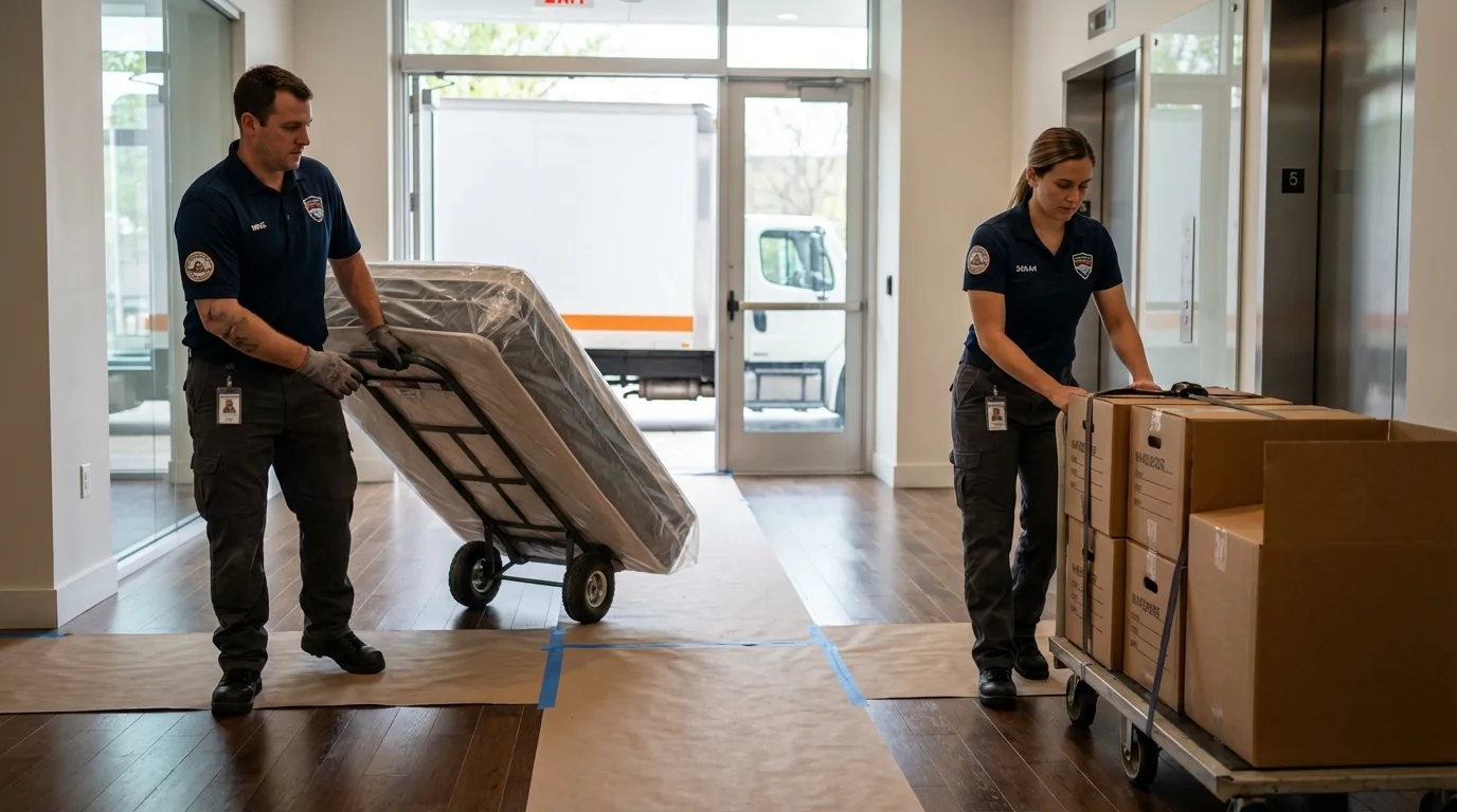 Professional apartment movers loading elevator in Marquette, MI